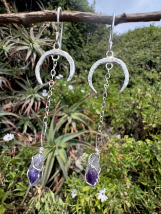 Silver Alchemical Moon Chain Amethyst Earrings