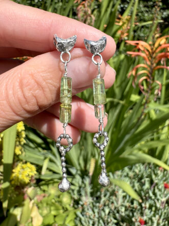 Green Tourmaline Silver Crescent Moon Jungle Earrings