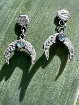 Labradorite Crescent Moon Tribe Silver Stud Earrings