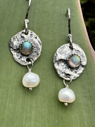 Labradorite Pearl Silver Coin Earrings