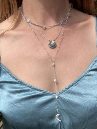 Silver Pearl Crescent Moon Lariat Necklace