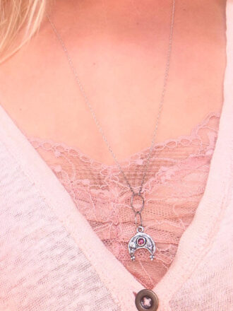 Pink Tourmaline Silver Crescent Moon Rocker Necklace