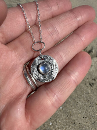 Silver Ancient Rainbow Moonstone Coin Long Necklace