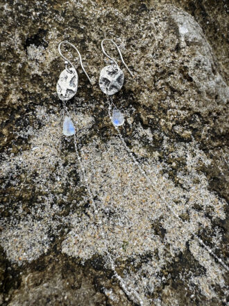 Silver Coin Rainbow Moonstone Long Earrings