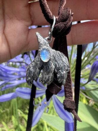 Silver Crow Talisman Rainbow Moonstone Necklace
