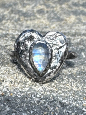 Rainbow Moonstone Ancient Silver Hearts Ring