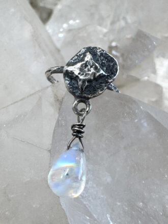 Silver Star Coin Rainbow Moonstone Drop Ring