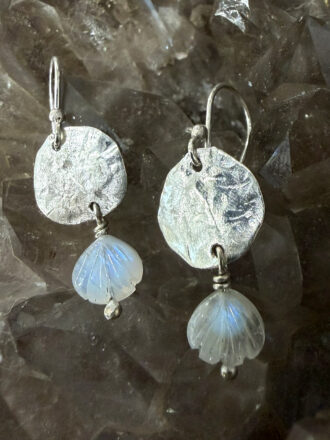 Rainbow Moonstone Seashell Silver Coin Earrings